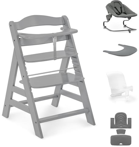 hauck Alpha+ Premium Bundle - Buchengrau - Hochstuhl aus Holz von Geburt bis 99 Jahre - Mitwachsender Hochstuhl mit liegender Neugeborenen-Wippe, Babysitzverkleinerer, Sitzpolster und Click-On-Tablett