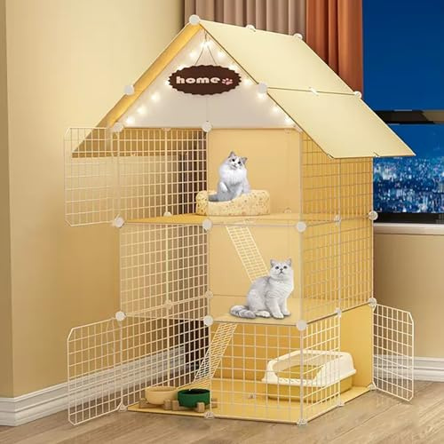 DIY Großer Katzenlaufstall mit Dach und Rampenleitern, abnehmbares Metallgehege für Training und Spielen, mehrstöckige Hundehütte für Haustiere