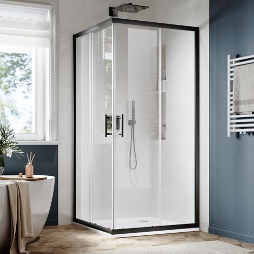 SUNNY SHOWER Corner Shower Door 34 D x 34 W x 72 H, Double Sliding Glass Door with 2 Fixed Panels, 1/4 Clear Tempered Glass Shower Door, Matte Black