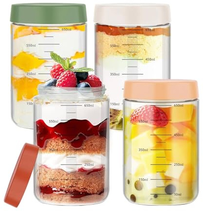 Felenny 4 Tarros de Avena Nocturna 750ml, Vasos de Cristal Herméticos Vasos Yogurtera para Enlatada Mermeladas, Botes Reutilizables de Vidrio para Nevera y Despensa, 9 x 14,5 cm