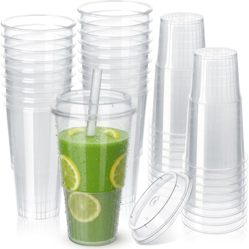 LemonRoad 30 Set 34 oz Clear Plastic Cups with Lids and Straws, Oversized Disposable Iced Coffee Cups Crack Resistant Jumbo Smoothie Tumbler, Car Cup Holder Friendly for Adult Parties & Travel