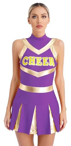 CNYUON Glänsande cheerleading-uniform för kvinnor, cheer dansklänning, kostym, veckad tryckt klänning, ungdomliga, sexiga skolflickor-fyrkläder med accessoarer (lila,S)