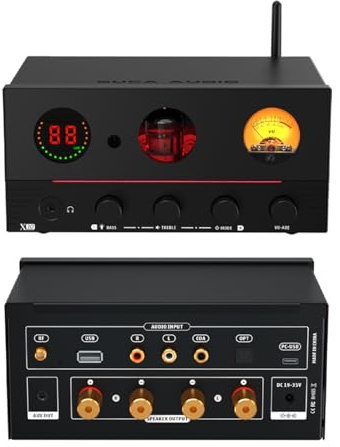 SUCA AUDIO X10 Röhren-DAC-Verstärker, USB/Optical/Coaxial/USB-Stick/RCA/Bluetooth-Eingänge DAC, 165W x 165W TDA7498E 2.1-Kanal-Stereo mit ECC83, AUX/Lautsprecher/3.5mm ausgänge Verstärker, Schwarz