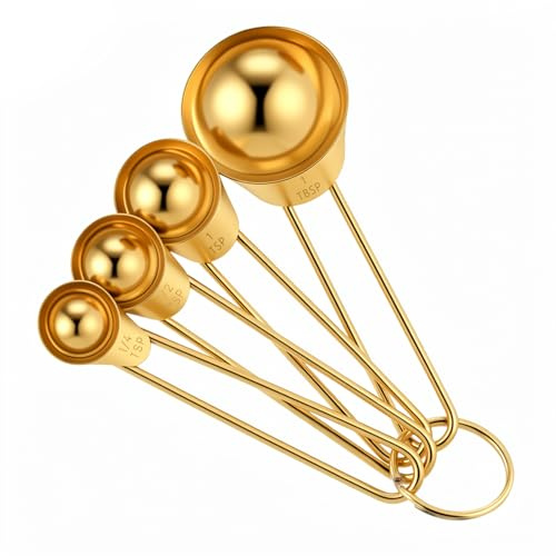 Gold Measuring Spoons Set, 4 PCS Stackable Gold Measuring Cups Stainless Steel Long Handle Espresso Scoop, 4 Coffee Scoop Tablespoon Set:1Tbsp,1Tsp,1/2Tsp,1/4Tsp for Kitchen Baking Cooking