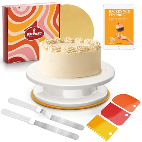 BakeBuddy Plato Giratorio para Tartas (28 cm) con Accesorios para Hornear – Base Giratoria para Tartas con Espátula Angular, Espátula, Rascador y Base Dorada – Kit de Repostería