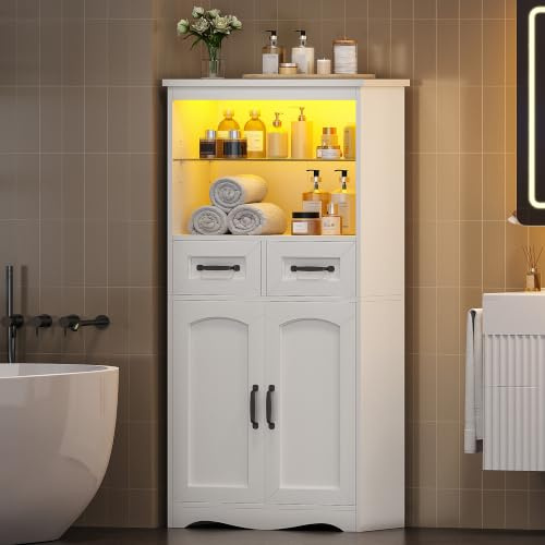 Hzuaneri Meuble Salle de Bain, Meuble de Rangement avec Éclairages LED | Armoire sur Pied avec 2 Tiroirs et 2 Portes, 2 Étagère Réglable, pour Salle de Bain, 30 x 60 x 130 cm Blanc SC20103XEU