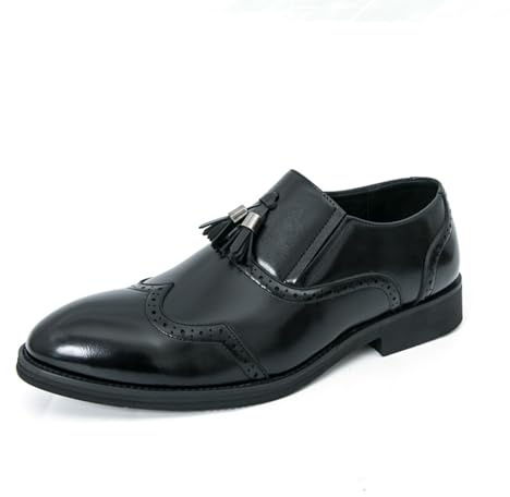 EsaSam Zapatos De Vestir De Hombre con Borlas Y Puntera Alada Mocasines De Cuero PU Transpirable Brogue Sin Cordones Formales De Negocios Y Bodas,Negro,45 EU