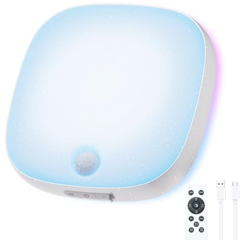 Étanche Plafonnier LED RGBIC, éclairage de Plafond Sans Fil 10000mAh | Rechargeable Lampe avec Détecteur de Mouvement, Télécommande, Intensité Variable 400LM, Pour Couloir, Garage