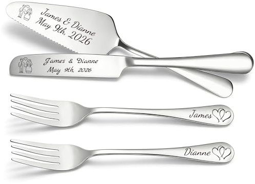 ZFN Personalised Wedding Cake Knife Server Set Custom Engraved Cake Cutter with Bride Groom Names Shovel Set for Weddings Anniversaries Special Celebrations (Silver 4-Piece Set)