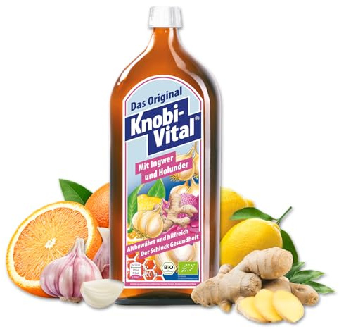KnobiVital mit Ingwer und Holunder Bio (960 ml) I Hochkonzentrierter Knoblauchsaft mit Thiamin für Energie, Nerven & Herz I Natürlich & ohne Zusätze