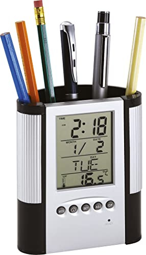 Pot à crayons avec réveil LCD, thermomètre, horloge, date, calendrier pour le bureau