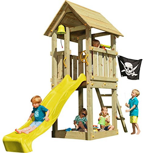 Blue Rabbit 2.0 Spielturm KIOSK mit Rutsche Kletterturm Glocke Sandkasten Lenkrad Piratenflagge Teleskop und Holzdach (Podesthöhe 1,20 m, Rutsche GELB)