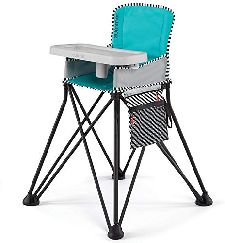 Bright Starts by Summer Pop ‘n Dine SE Highchair, Sweet Life Edition, Aqua Sugar Color - Portable Space Saver High Chair for Indoor/Outdoor Dining with Fast, Easy, for 6 Months - 45 Pounds