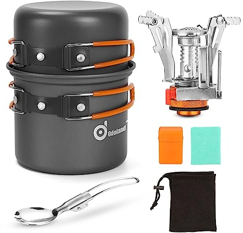Odoland Kit de Utensilios de Cocina para Camping con Ollas y Sartén en Aluminio Anodizado, Hornillos Trekking y Cuchara Plegable, Set de Cocina para Camping Excursión Senderismo Furgonetas Emergencia