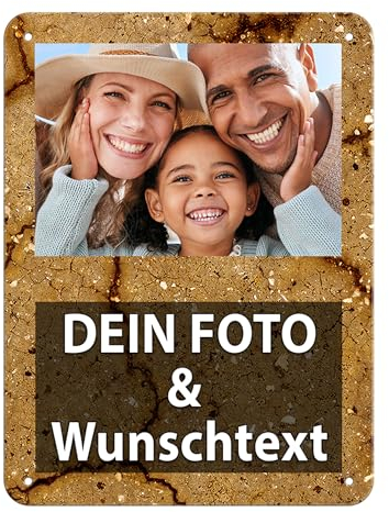 Tassendruck Blech-Schild mit Foto und Text selbst gestalten/Personalisierbar mit eigenem Bild als Metall-Poster / A5 (15x20cm) im Hochformat/Riss Bunt 1