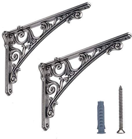 HARPOON Regalhalterungen mit aus Gusseisen, robuste Wandhalterung, Barock, Küche, dekoratives Regal, 20 x 14 cm, 2 Stück, Antikes Silber