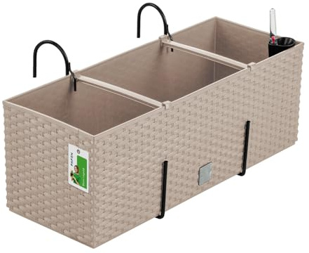 PAFEN Blumenkasten Blumentopf Rattan-Optik mit Halterungen 4 Farben Pflanztopf Wasserstandsanzeiger Balkonkasten Pflanzkästen Mocca