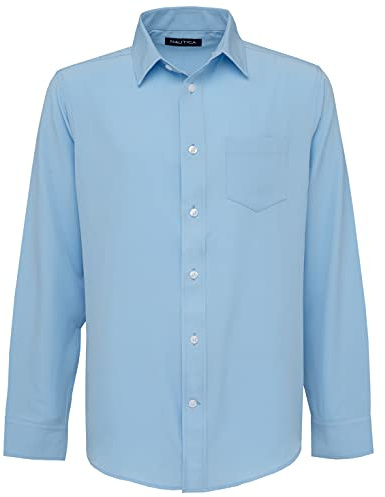 Nautica Men's School Uniform Long Sleeve Performance Oxford Button-Down Shirt, Ox Blue, Medium