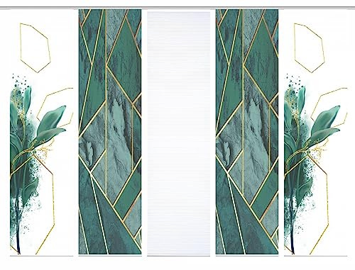 HOME in green 84058 | SIGNUM Schiebegardine recyceltes Polyester Bambusoptik 245x60, Farbe:grün, Größe:245 x 60 cm, Anzahl:5er Set (2X Bedruckt. 2X Bedruckt. 1x Uni)