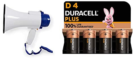 NEDIS Megafono 10 W Portata 250 m Microfono integrato & Duracell - Plus D, Batterie Torcia Alcaline, confezione da 4, 1.5 volt LR14 MN1400