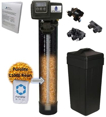 AFWFilters 64,000 Grain Purolite C100E NSF Resin Whole House Water Filter Fleck 5600SXT Water Softener System Complete with Salt Tank (1 MNPT Plastic Yoke with Bypass)