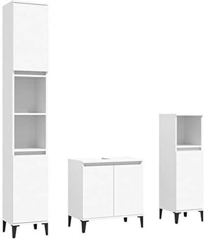 vidaXL Badmöbel Set 3-TLG., Badschrank Metallfüße, Badezimmer Unterschrank Hochschrank Midischrank, Badezimmermöbel, Weiß Holzwerkstoff