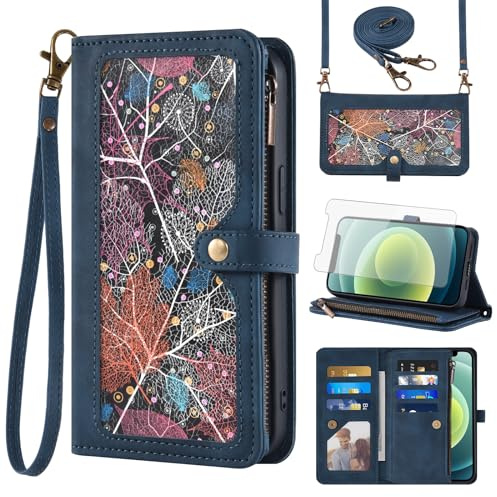 Phone Case for iPhone 12 Pro iPhone12 6.1 Wallet Cover With Screen Protector Crossbody Wrist Strap Leather Flip Pattern Zipper Credit Card Holder Stand Cell iPhone12pro 5G i 12s 12pro Women Men Blue