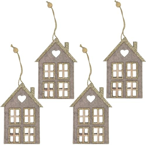 MIJOMA Set of 4 Christmas Felt Pendants, Beautiful as Christmas Tree Decorations, for Advent Arrangements, Felt Decorated with Wooden Elements and Glitter, Loop for Hanging (House 4 Windows, Beige)