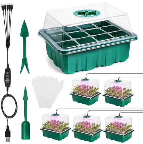CLIUNT Vassoio Germinazione, 5 Pezzi Vassoi per Semi, Semenzaio Propagatore Semi, Vassoio per Piantine, con Luci di Piante e Strumento di Semina, per Germinazione Coltivazione