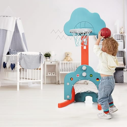COSTWAY Basketball Hoop Set, 3 in 1 Sports Activity Center with Basketball, Soccer Ball & Golf Set, Height Adjustable Basketball Stand Best Gift for Baby Toddler (Green Cloud)