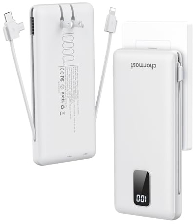 charmast Portable Charger with Built-in Cables and Plug, 10000mAh USB C Power Bank Fast Charging, External Battery Pack Slim, Travel Essentials Compatible with iPhones, Samsung Galaxy, iPad