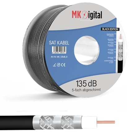 MK-Digital 100m Koaxialkabel 135dB Sat Koax Kabel, Antennenkabel 5-Fach geschirmt für DVB-S / S2, DVB-C, DVB-T, BK Anlagen 4K FullHD Ultra HD 4K, Stahl-Kupfer Satkabel, Sat verlegekabel,Schwarz
