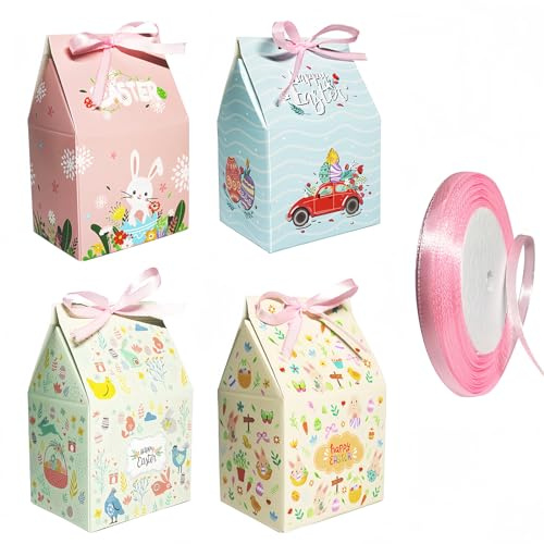 HBell 12Pcs Easter Treat Boxes Easter Paper Candy Gift Boxes 3 Colors Pink Blue Yellow Spring Holiday Paper Gift Container for Cookie Goodie Candy Sweet Party Favors