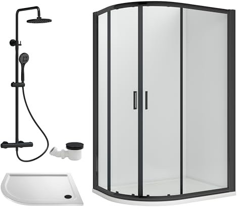 Balterley Offset Quadrant Shower Enclosure, Offset Quadrant Tray, Waste & Thermostatic Shower Kit, 6mm Toughened Safety Glass Door, Bar Handle Sliding Glass Door, Round Showerhead & Handset (Black)