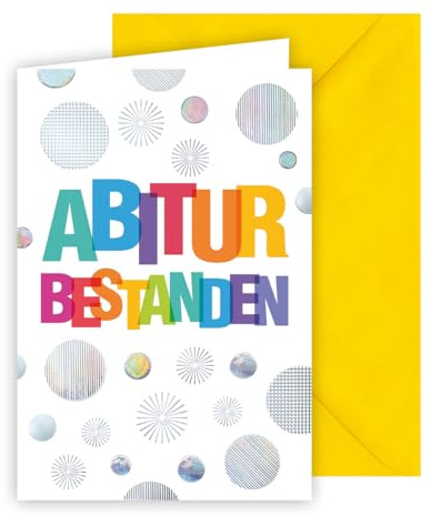 KE - Fröhliche Glückwunschkarte zum Abitur für Jungen und Mädchen, Karte zum bestandenen Abitur, Schrift mit silberner Folie geprägt, inkl. Umschlag, DIN B6 Format, gelb, Motiv: bunte Schrift