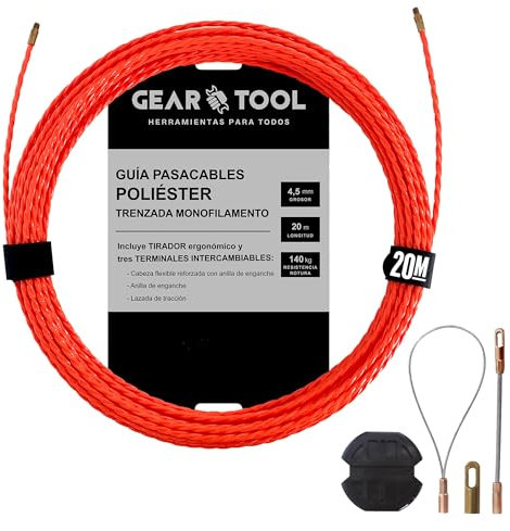 GearTool - Guía Pasacables Profesional de 20m y 4.5 mm | Monofilamento Trenzado de Poliéster | Tirador Ergonómico y 3 Terminales Intercambiables | Herramienta para Electricistas y Bricolaje