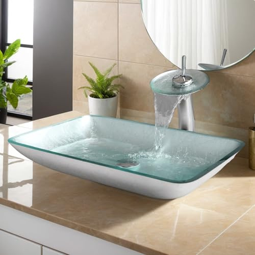 Lonuebu Tempered Glass Vessel Sink with Waterfall Faucet and Drain Combo 22 Inch Silver Rectangular Glass Bathroom Vessel Bathroom Sink Above Counter Silver Bowl Sink Rectangle for Bathroom
