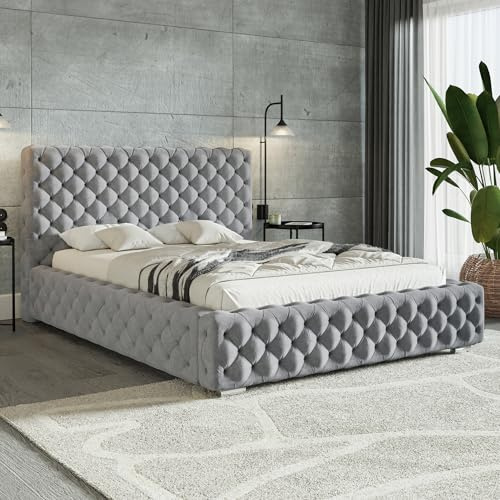MOTIVENA Dianna Chesterfield Bett 120x200 Grau Samt, mit Stauraum, mit Kopfteil, mit Lattenrost, mit Füßen, ohne Matratze, Chesterfield Polsterbett 120x200 mit Bettkasten Grau (Hellgrau)