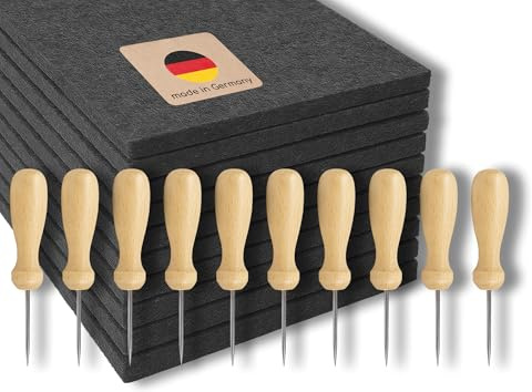miki projekt 10 x Prickel Set – Made in Germany – 10 x Ergonomic Wooden Needles + 10 x Felt Pricking Pad (20 x 15 x 1 cm) – XXL Prickling Set for Groups – Safe Prickling