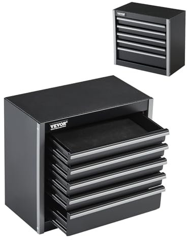 VEVOR Metal Tool Box, 8.6-inch, Portable Metal Tool Box with 5 Drawers, Small Tool Chest with EVA Liners and PP Feet Pads, Heavy-Duty Steel With Ball Bearing Opening and Powder Coated Finish, Black