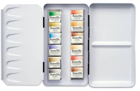 Maimeri Blu, Bellas Artes Acuarela, Medio-Godets, Caja Metálica, 12 Colores Surtidos, 12 unidades
