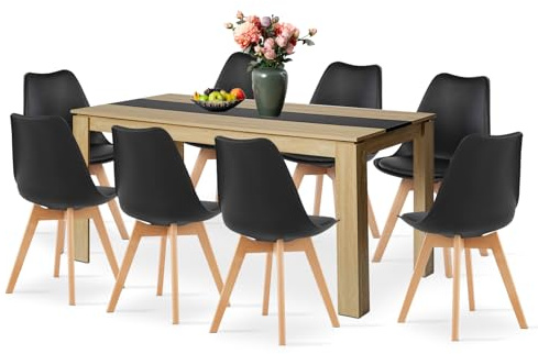 LafeuR Essgruppe Esstisch mit 8 Stühlen Esszimmergruppe, Rechteckig Eiche Küchentisch und 8er Set Esszimmerstühle Sitzgruppe für Wohnzimmer Küche Büro(160CM Eiche-Schwarz Tisch+8 Schwarz Stühle)