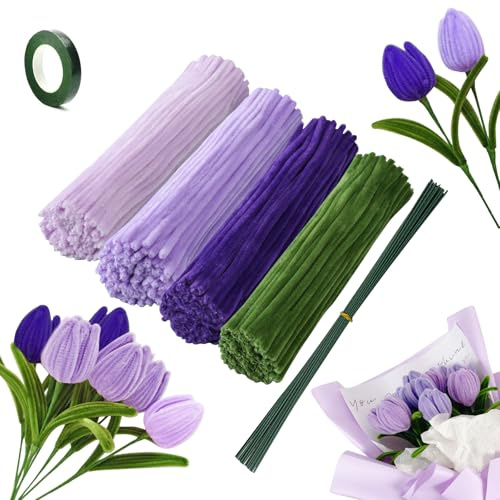 ANBOWEI Lila Pfeifenreiniger Blumen Set 4 Farben Basteln Pfeifenputzer | 240 Stück Tulip Pfeifenreiniger zum Basteln, Pipe Cleaner Flower Set mit Grün Blumendraht und Blumenband