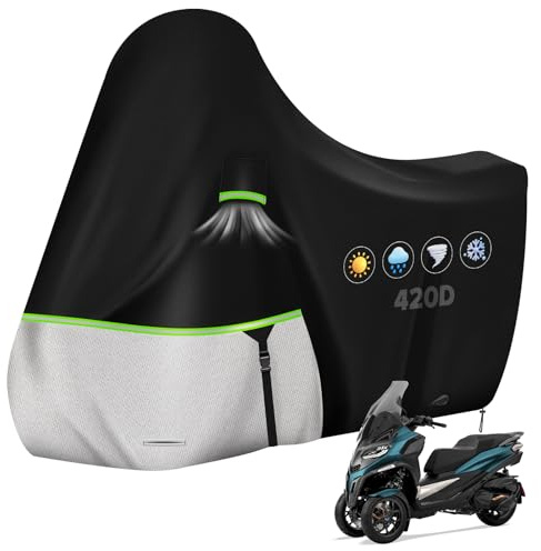 YedZen Funda Moto para Piaggio MP3 300/400/500/Sport(sin Maletero), Oxford 420D PU Impermeable Cubre Moto con Aberturas de Ventilación, Tiras Reflectantes, Ojal y Hebillas Cortavientos