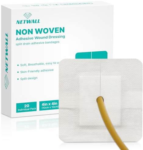 Split Drain Adhesive Bandages 4 x 4 Pre-Cut for Feeding Tubes, Dialysis Catheters & Drains - Soft Non-Stick Pad - Individually Wrapped 20 Pack Wound Dressing Pads