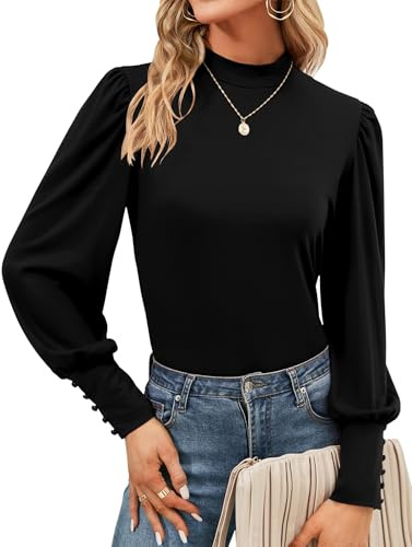 Tisfeer Women's Long Sleeve Puff Sleeves Blouse Turtleneck Tops Fall Tunic with Button Cuffs Shirt (18-20,Black)