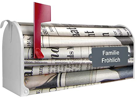 banjado® Amerikanischer Briefkasten - US Mailbox/Letterbox mit Motiv Zeitungen 51x22x17cm - Postkasten Stahl aus Amerika – Briefkasten amerikanisch weiß pulverbeschichtet