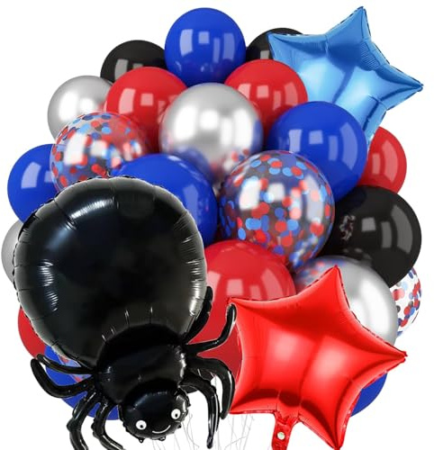 28pcs Red Blue Black Balloons Set, with Colorful Balloons, Confetti, Star, Spider Balloons and Ribbon, for Kids Theme Party Anime/Birthday/Baby Shower Decorations