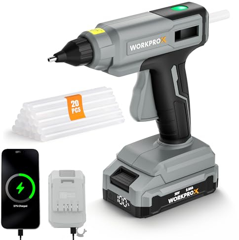 WORKPROX 80 W Cordless Hot Glue Gun, 90 Min Runtime, 20 V Rechargeable Full-Size Glue Gun Kit with 20pcs Glue Sticks, 2.0 Ah Battery, Type-C Charging Cord for DIY Crafts, Repair, School Projects