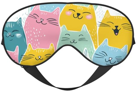 Augenmaske zum Schlafen, bunte lächelnde Katzen, Schlafmaske mit verstellbarem Riemen